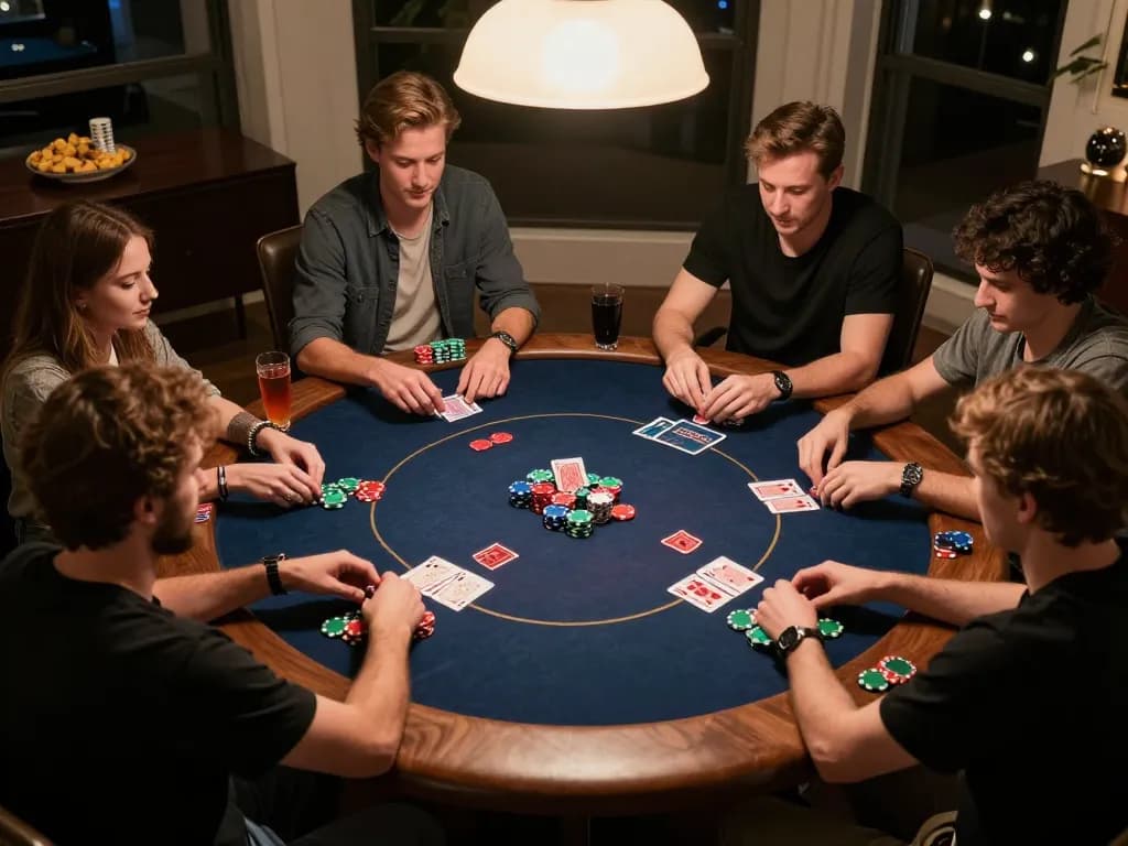 Players enjoy a Texas Hold'em game at home, showcasing a vibrant poker night with nego77.