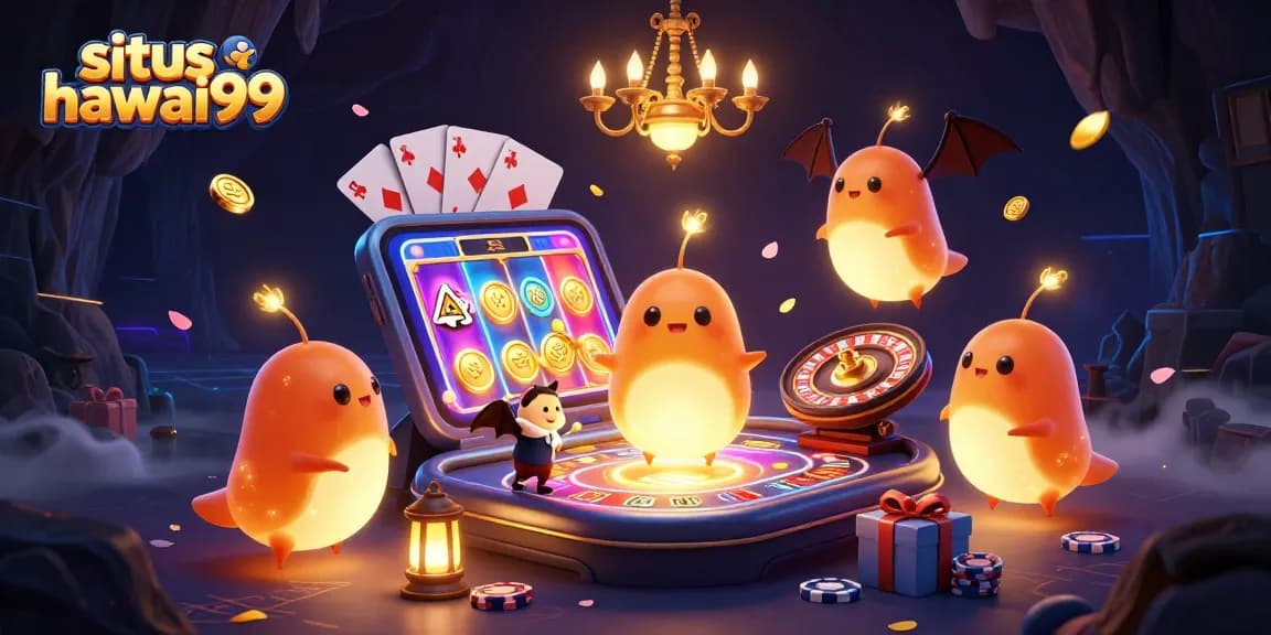 Experience the excitement of situs hawai99 with glowing glowworms lighting up a cave casino, featuring vibrant gaming elements.