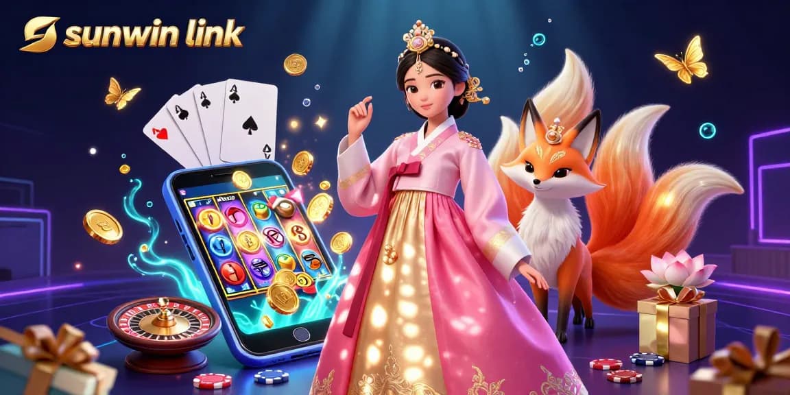 Experience the thrill of gaming with sunwin link, featuring a vibrant Asian woman and lucky fox amidst casino elements.
