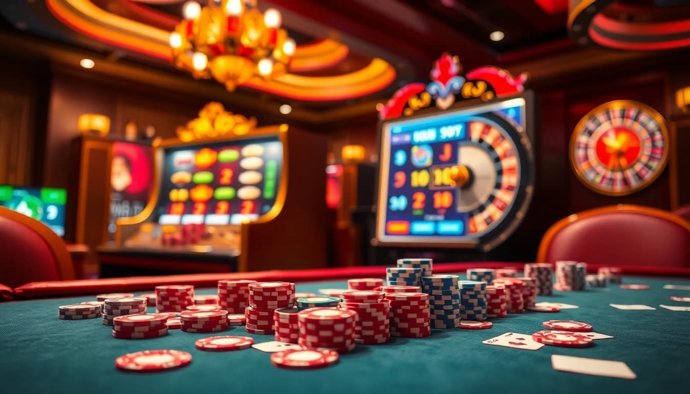 Experience high-stake action at Dominoqiu's vibrant casino game setup with poker chips and colorful cards.