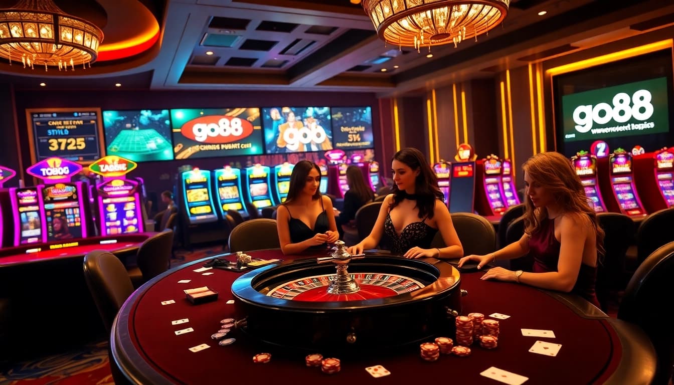 Experience the thrill of go88 gaming with an elegant casino scene featuring poker tables and slot machines.