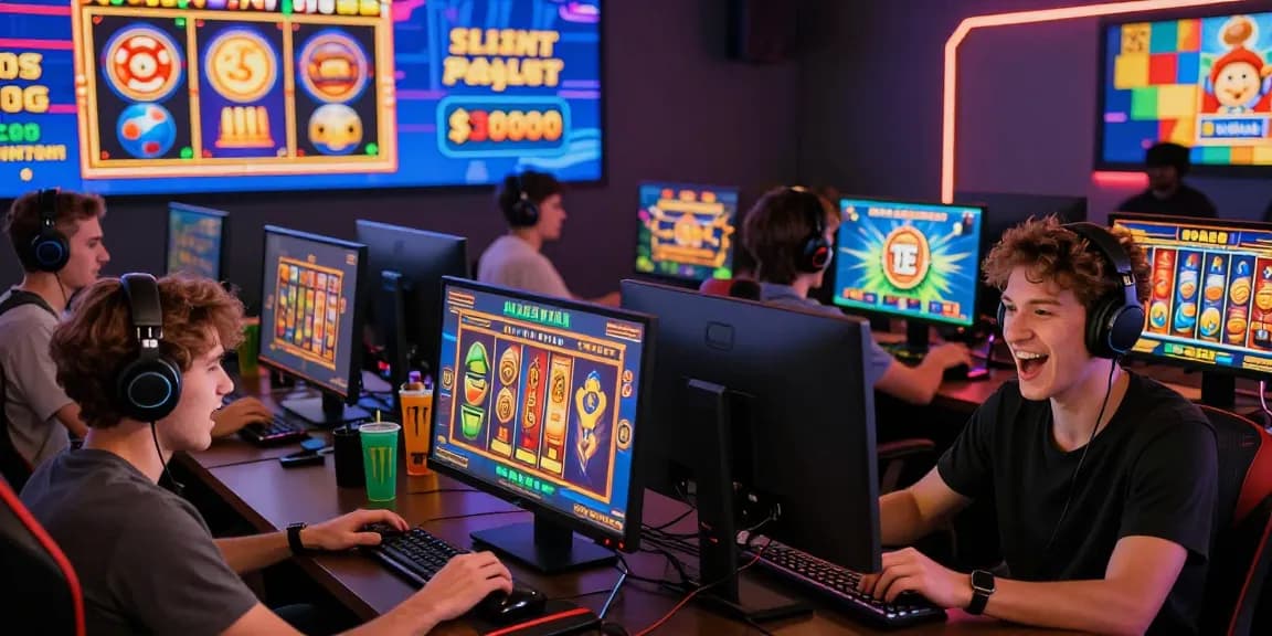Excited players enjoying their favorite slot games in a vibrant, immersive online gaming room atmosphere.