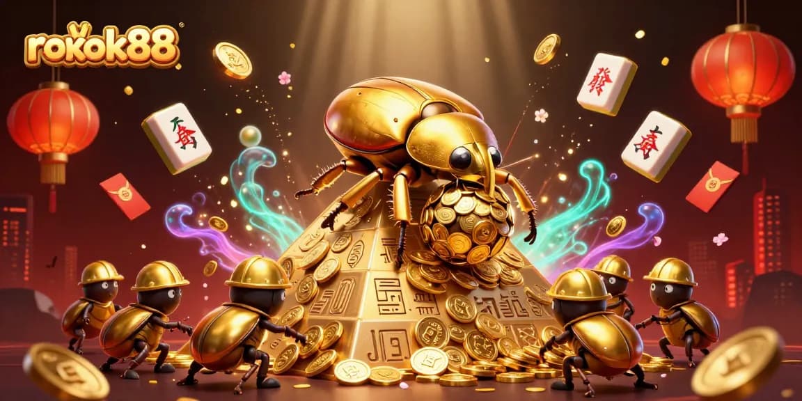 Engage with the vibrant rokok88 casino scene featuring a golden dung beetle amidst shimmering coins and festive elements.