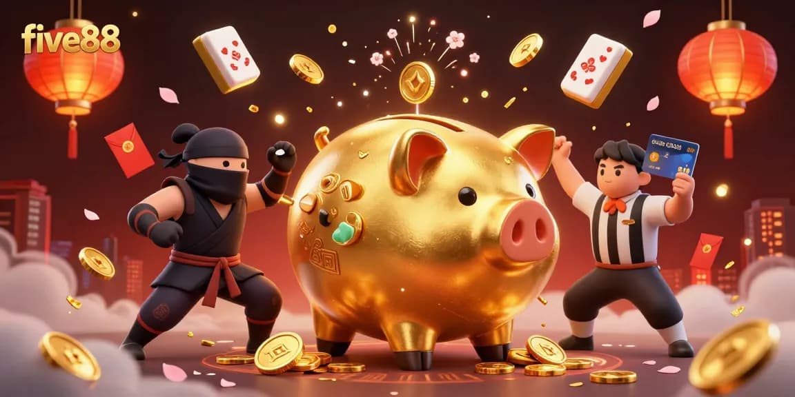 Experience the excitement of five88 with a dynamic illustration of gaming elements and animated characters.