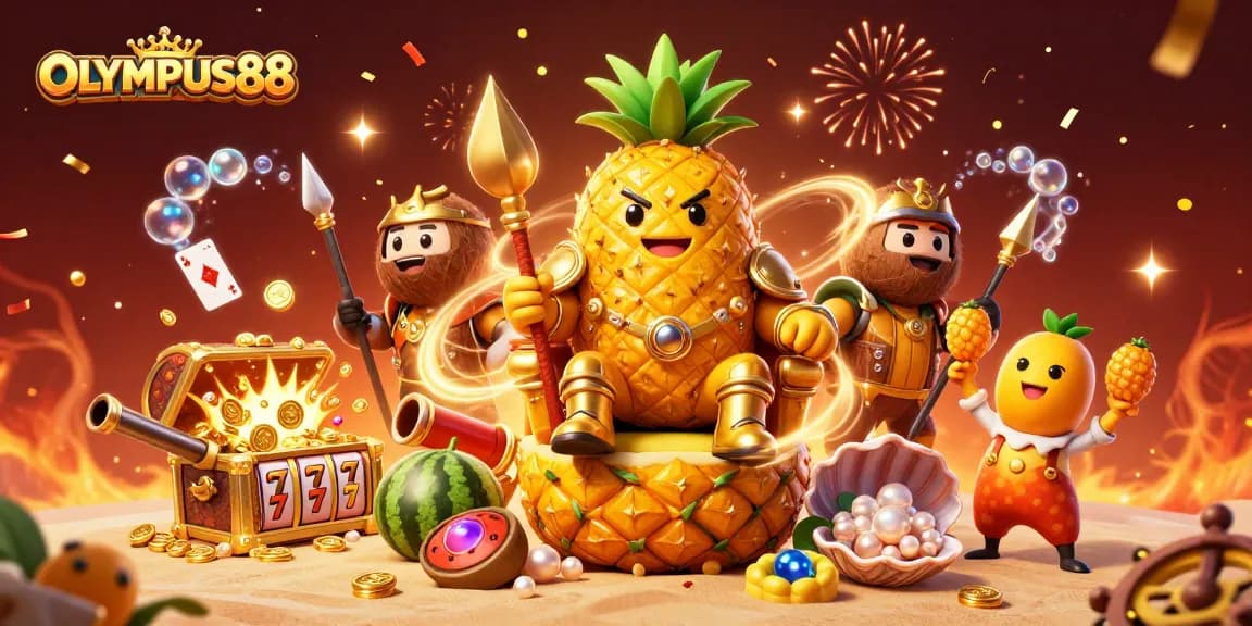 Pemain OLYMPUS88 menikmati keseruan permainan slot dengan lambang jackpot dan karakter penuh warna.