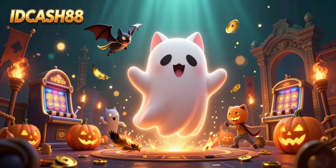 Experience IDCASH88 with ghost cat and bat in a haunted casino featuring vibrant gaming elements.