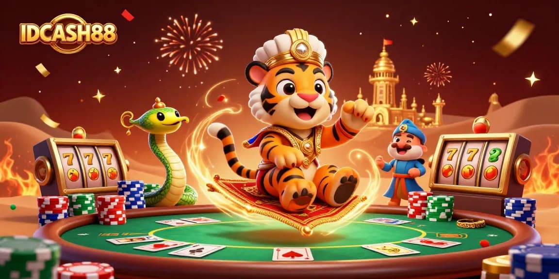Play slots at IDCASH88 featuring vibrant game elements and engaging characters in a rich 3D scene.