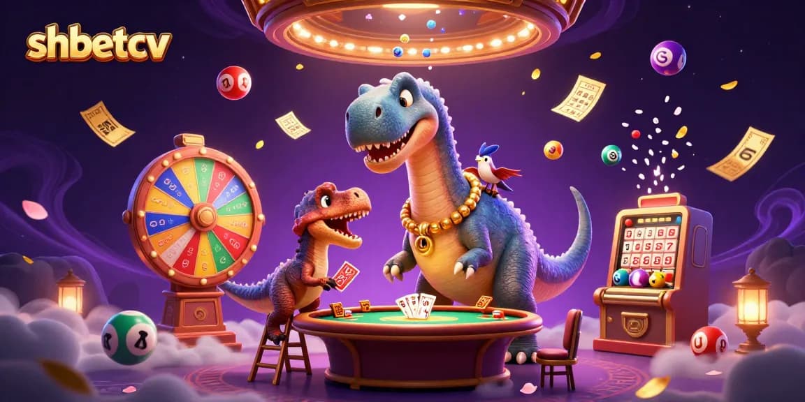 Experience the excitement of shbetcv as a cartoon brontosaurus towers above a casino scene with vibrant lottery balls.