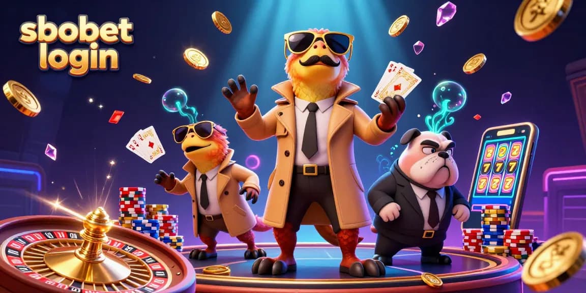 Experience sbobet login excitement with raptors in a trench coat at a lively casino scene.