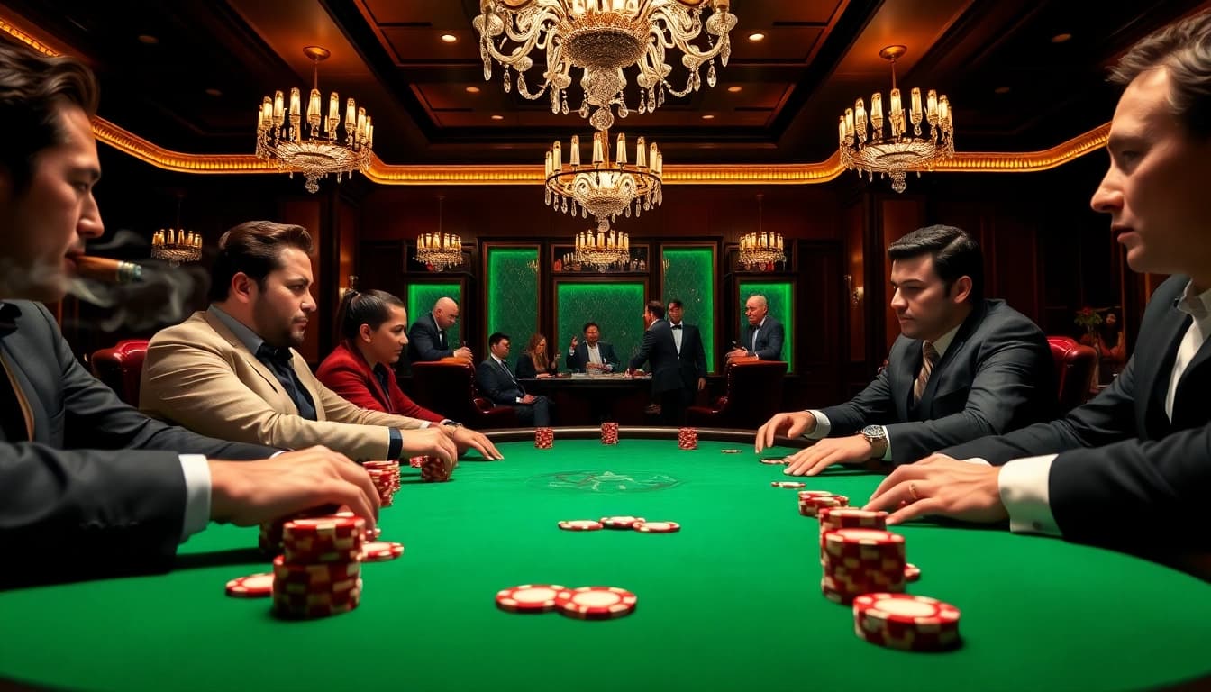 Dewapoker players strategizing at an upscale casino poker table with vibrant chips.