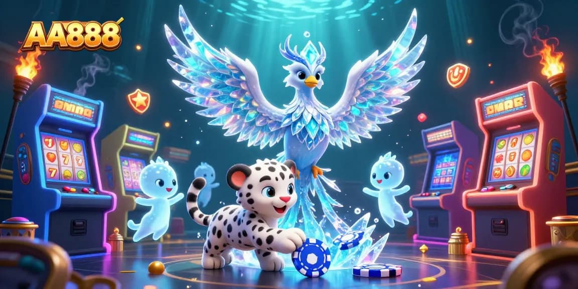 Play to win with AA888 in an ultra-detailed 3D digital casino scene filled with vibrant gaming elements.