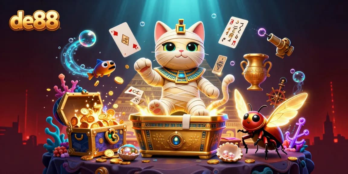Experience the thrill at de88 with a dynamic scene of a mummy cat and gaming elements exploding with excitement.