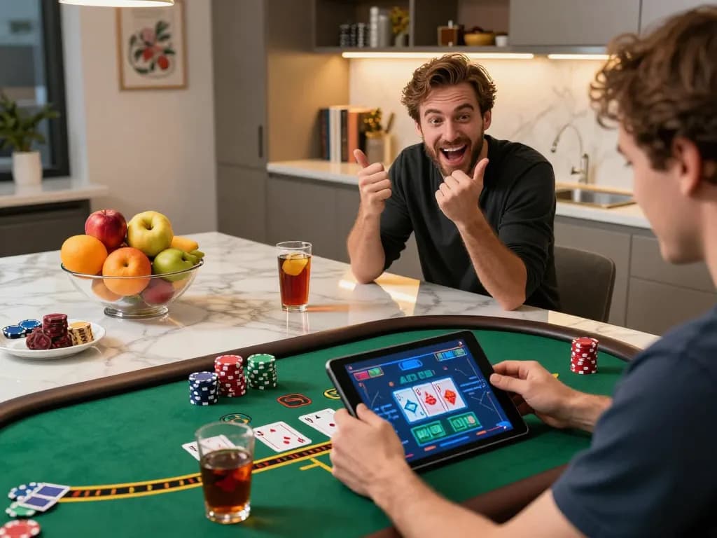 WWBOLA player enjoying a live blackjack game on a tablet in a modern kitchen