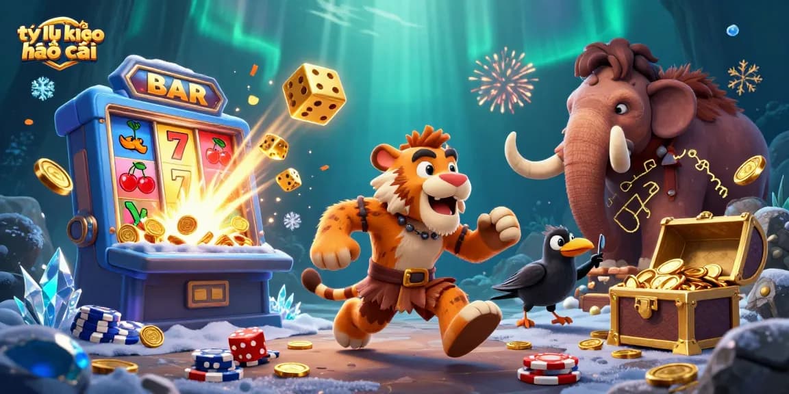 Experience the thrill of tỷ lệ kèo nhà cái in a dynamic, colorful prehistoric casino scene.