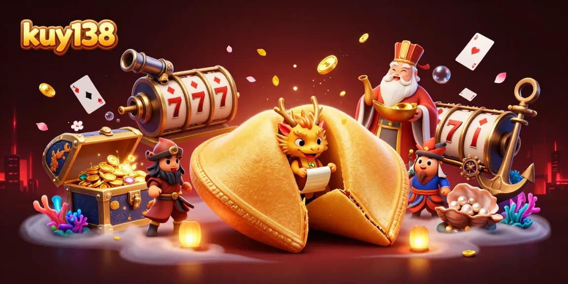 Permainan kuy138 menampilkan kue keberuntungan raksasa dan naga cerdas dalam ilustrasi 3D