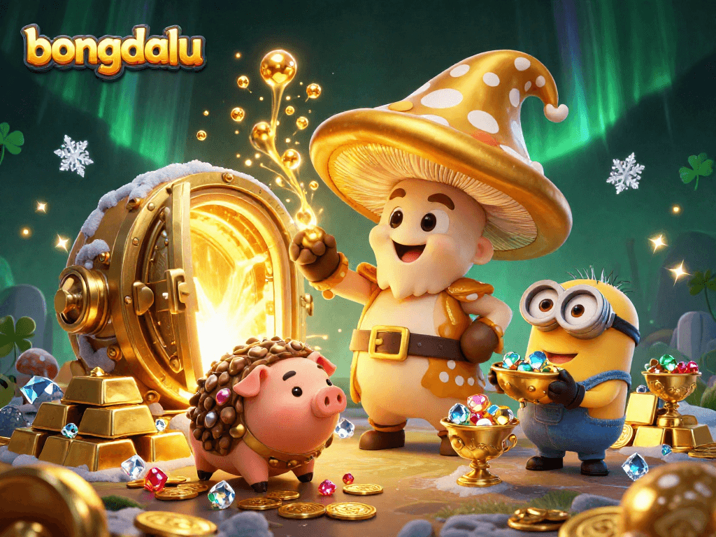 Bongdalu captures excitement with golden treasures and magical creatures in a whimsical gambling scene.