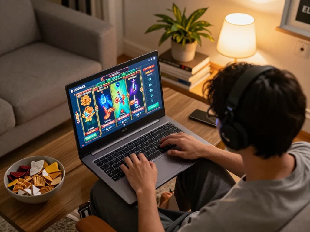 Engaging online gaming moment on LGOLUX with a player immersed in slots.