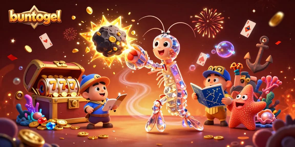 Buntogel showcases a 3D galactic samurai mantis shrimp amidst explosive treasures, illustrating vibrant casino gaming.