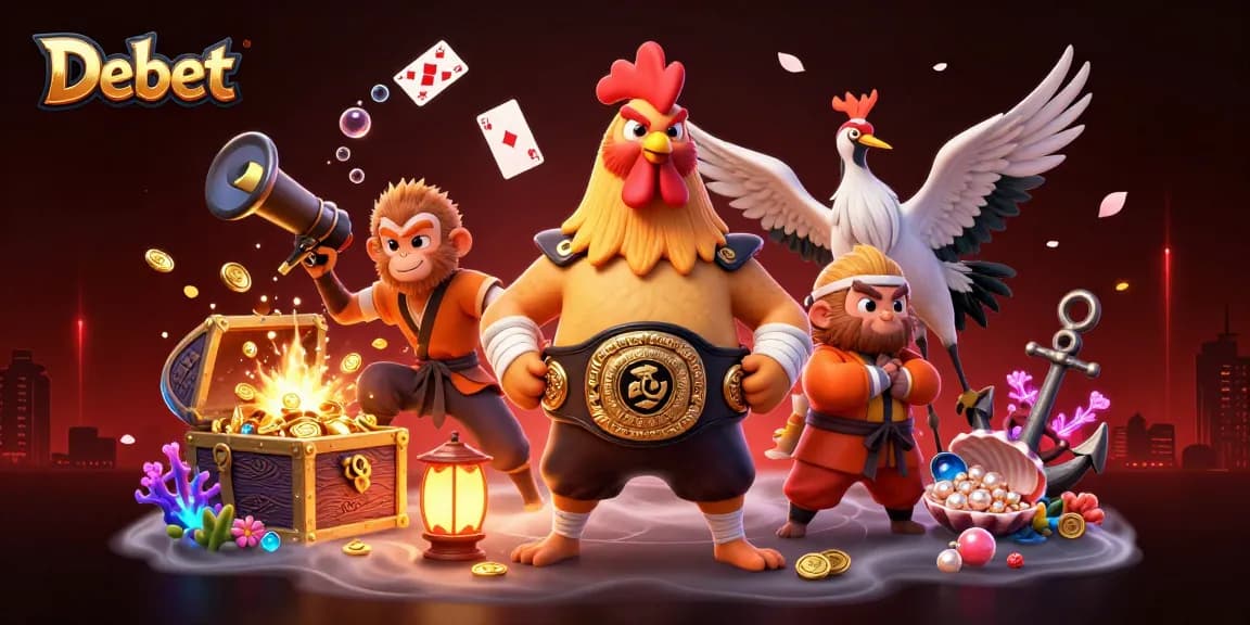 Experience thrilling bets with Debet as 3D cartoon characters engage in a dynamic casino scene.