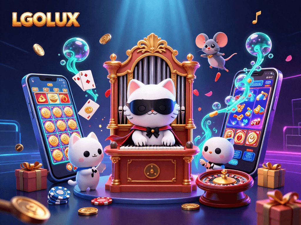 Experience the thrill of LGOLUX with vibrant casino characters and games in this dynamic scene.