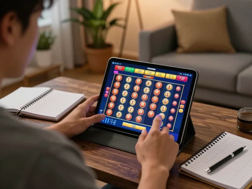 Toto macau slot game displayed on tablet during a focused online gambling session at home.