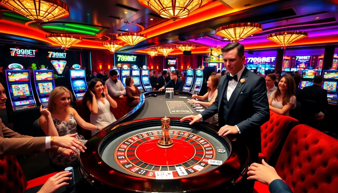 A vivid scene of players engaging in a thrilling game at a 789BET roulette table, embodying excitement and professionalism.