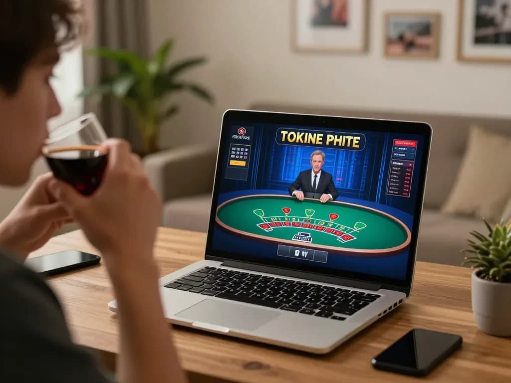 Engaging in online blackjack gameplay with 79king-vn setup, focused on strategic decisions in a cozy home environment.