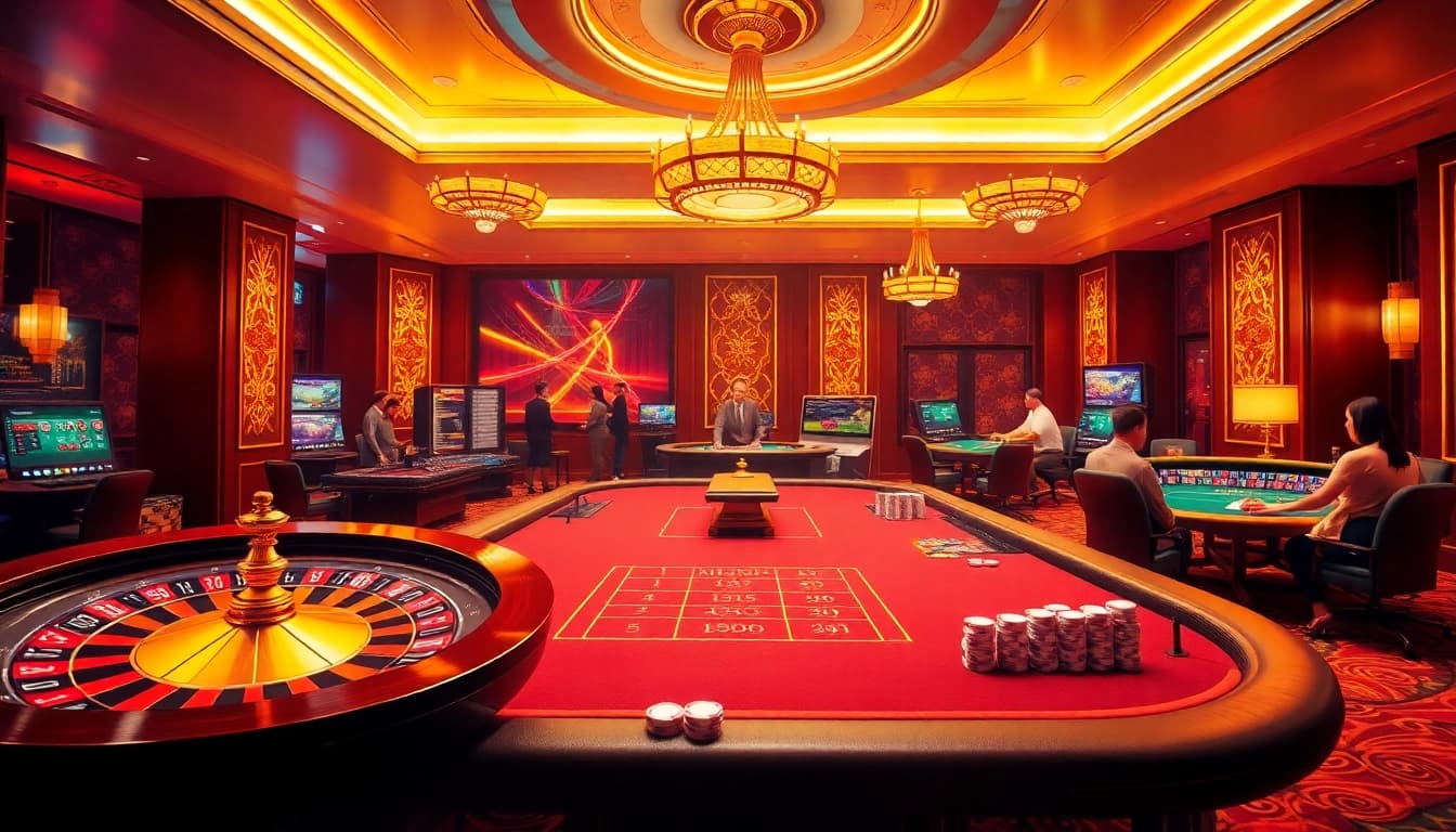 An exciting gambling scene on https://tt88.to/ featuring a live dealer table with poker chips, a roulette wheel, and players engaged in high-stakes betting.