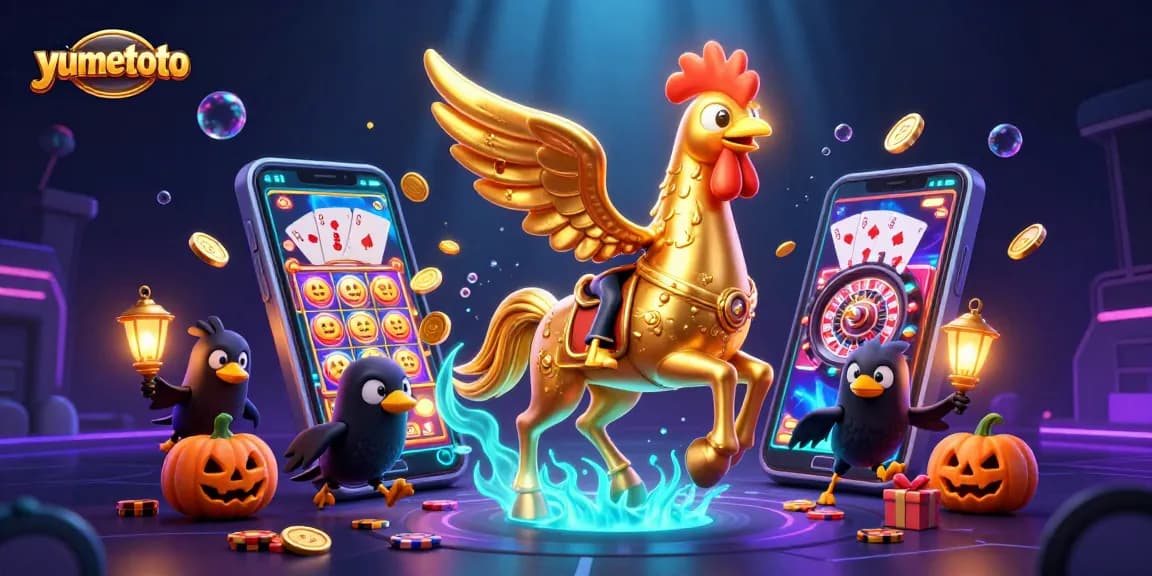 Engage in exciting gaming with Yumetoto featuring a golden rooster and dynamic casino elements.