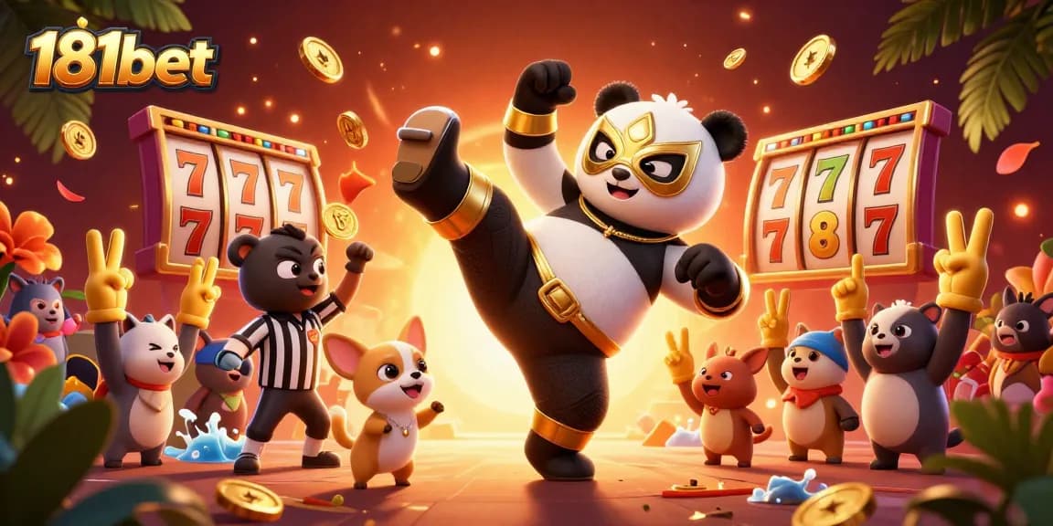 Engage with thrilling slots action at 181bet, featuring a panda wrestler and lively animal spectators.