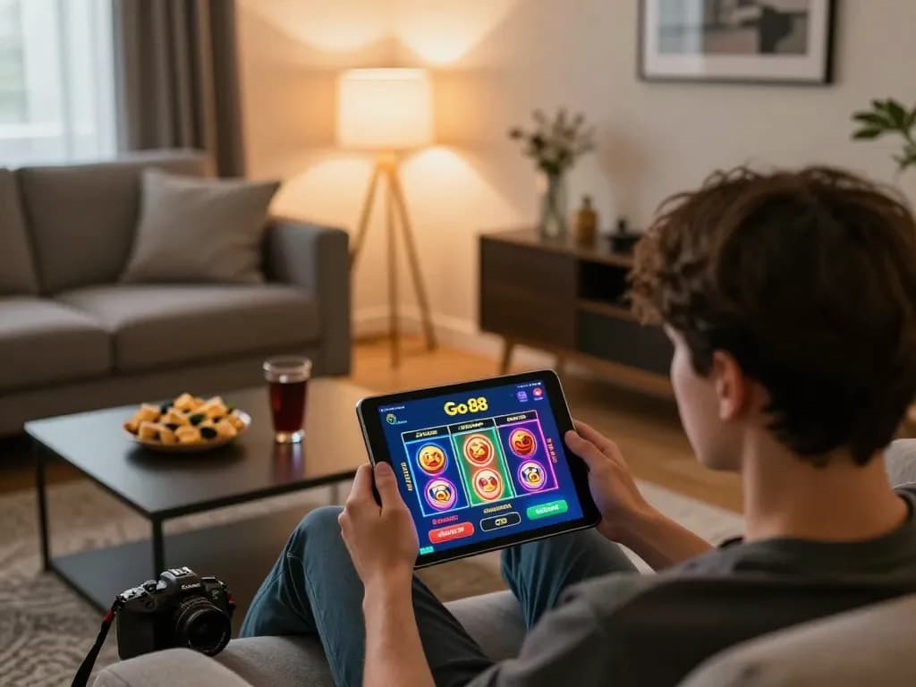 Người đang thưởng thức ứng dụng casino Go 88 trên máy tính bảng trong một không gian phòng khách ấm cúng