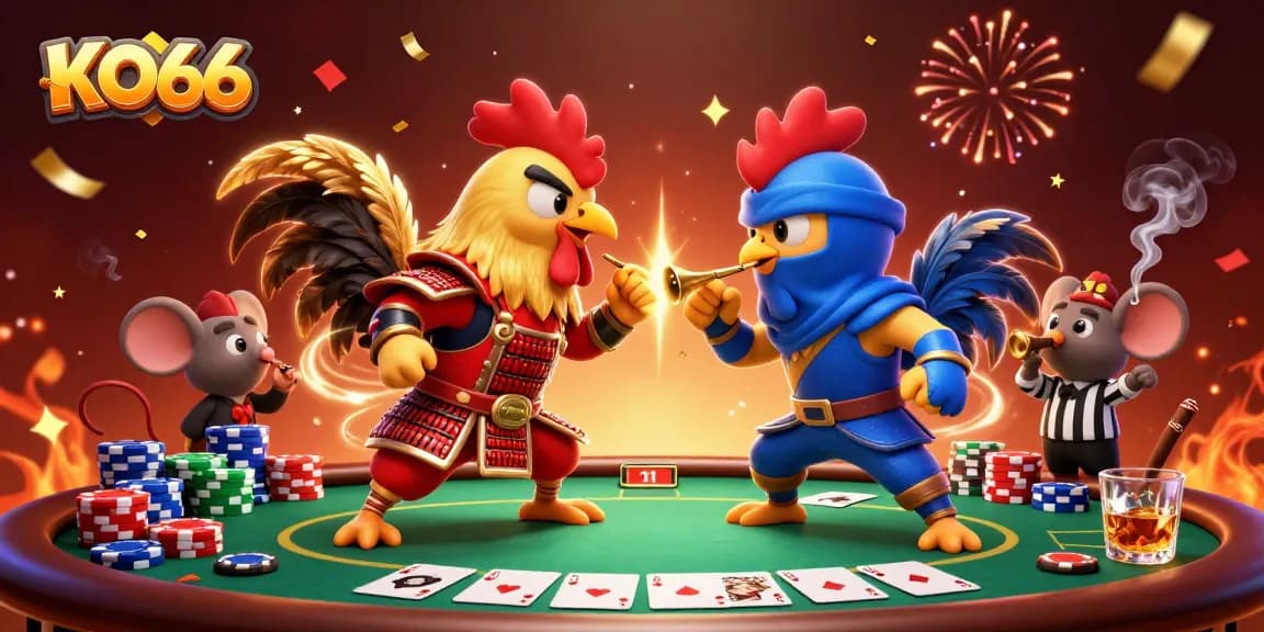 Experience the thrilling KO66 battle between samurai and ninja roosters at a vibrant poker showdown.
