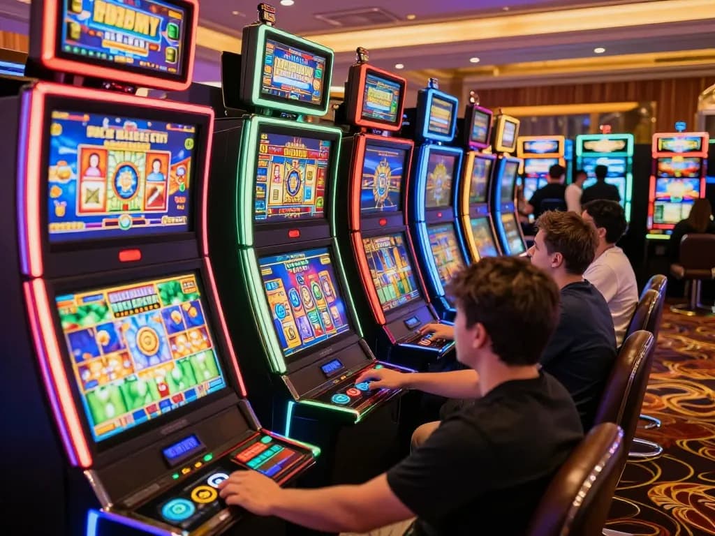 Players engaged in exciting slot machine gameplay at a vibrant casino.
