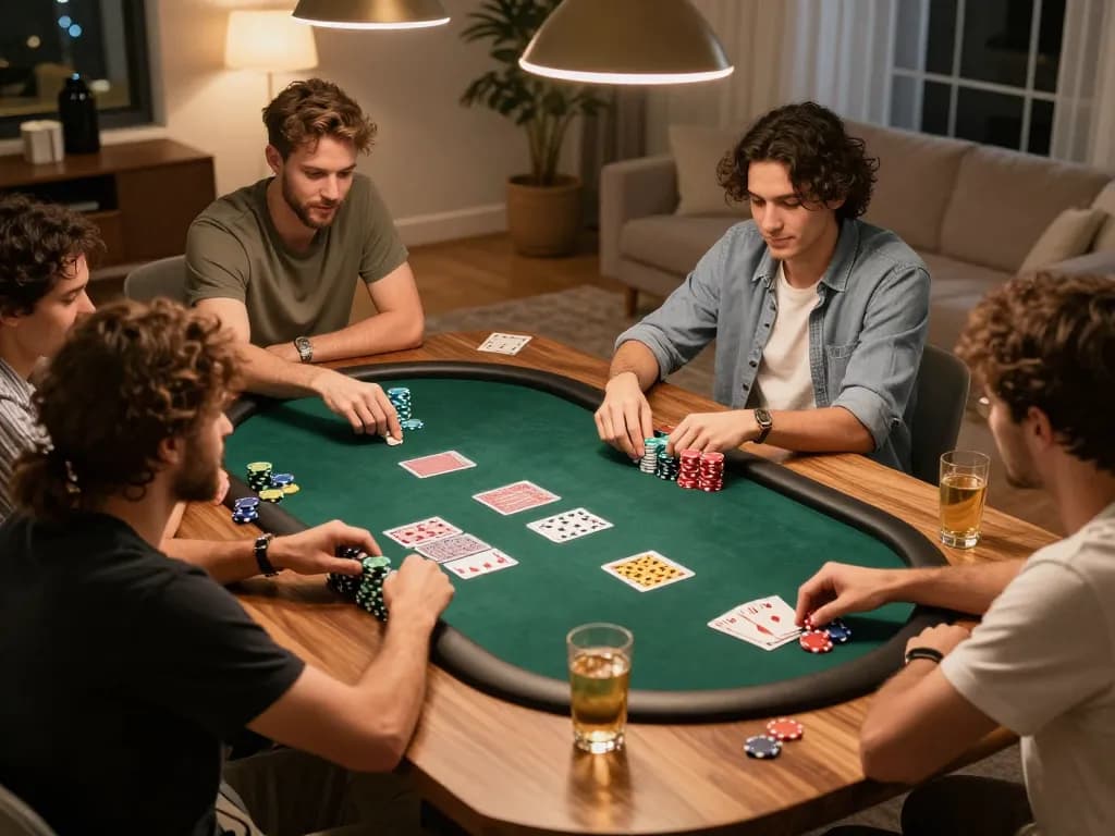 Friends enjoying a poker night at home with rokok88 strategy discussions and colorful chips on the table.