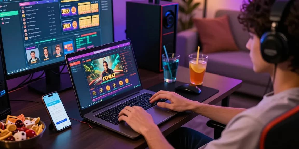 Antarmuka dewitogel di laptop dalam suasana ruang permainan modern.