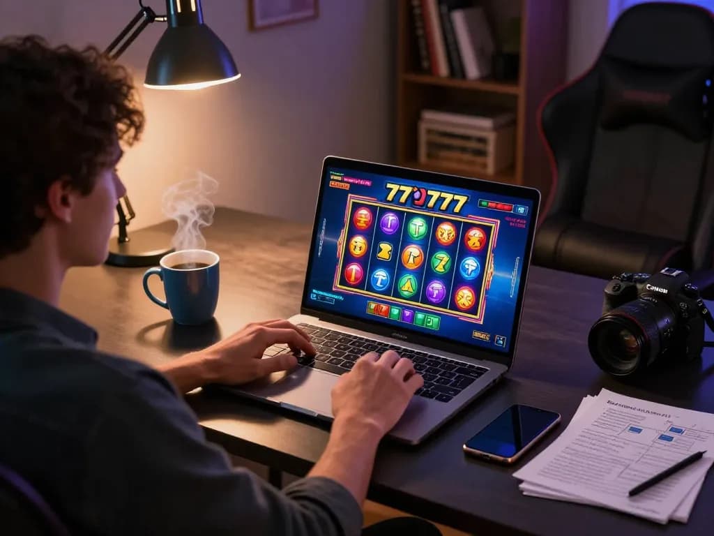Play the slot777 game on a laptop, revealing exciting spinning reels during an online gaming session.