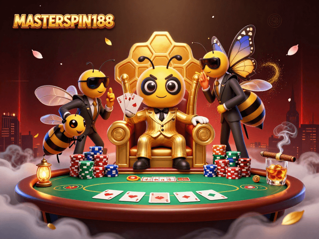 Engage with exciting poker action by the MASTERSPIN188 mob boss and his wasp guards in a lavish scene.