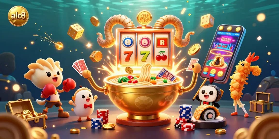 Engage with alo8's vibrant casino scene featuring a golden ramen bowl dealer and dynamic game elements.