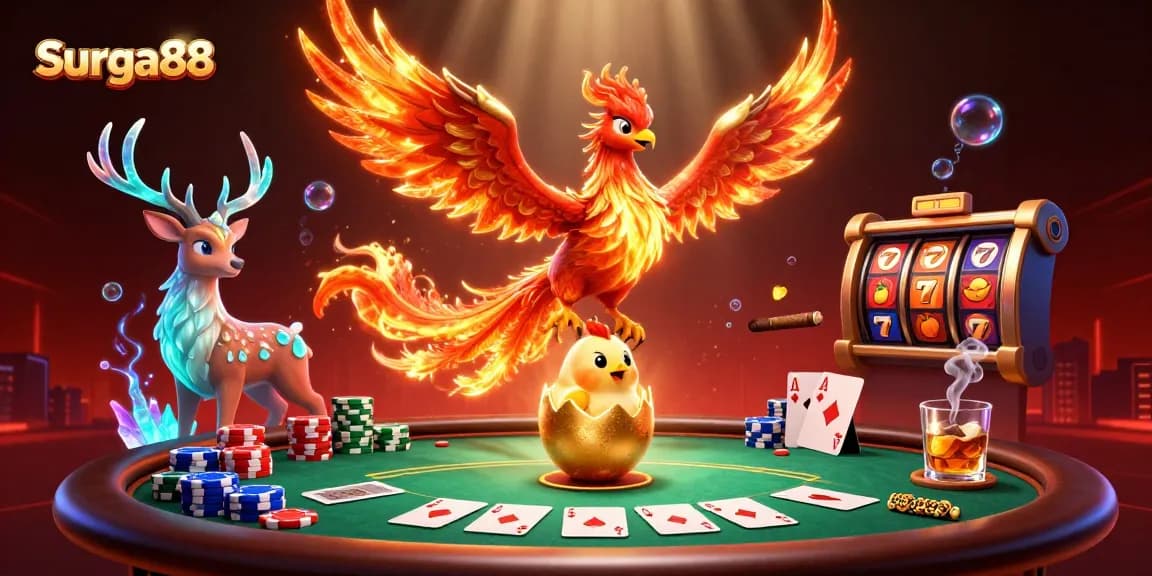 Engage with Surga88 at a vibrant casino scene showcasing dynamic poker action and enchanting game elements.