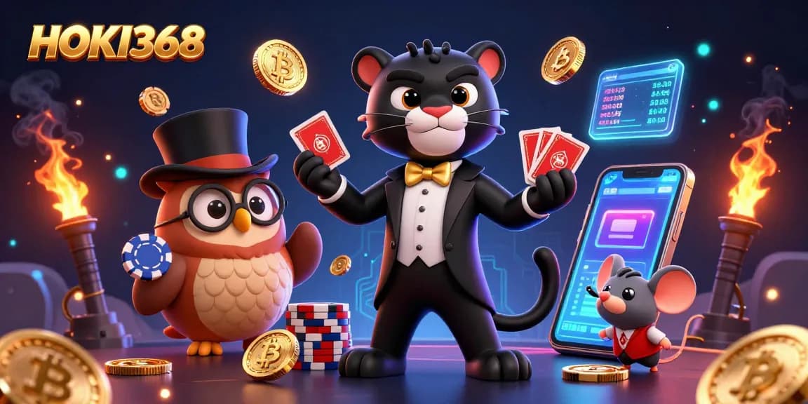 Enjoy thrilling gameplay at HOKI368 with the stylish black panther dealing cards and vibrant casino elements.