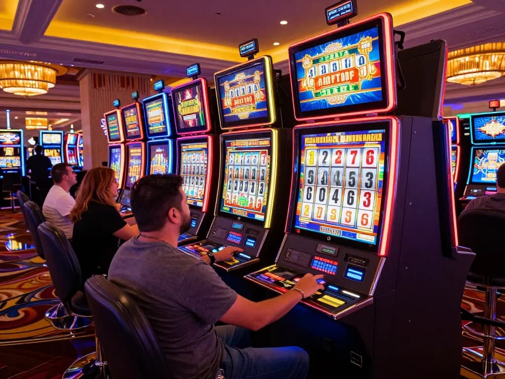 Players celebrating a win at vegasslot77's colorful slot machines in Las Vegas casino.