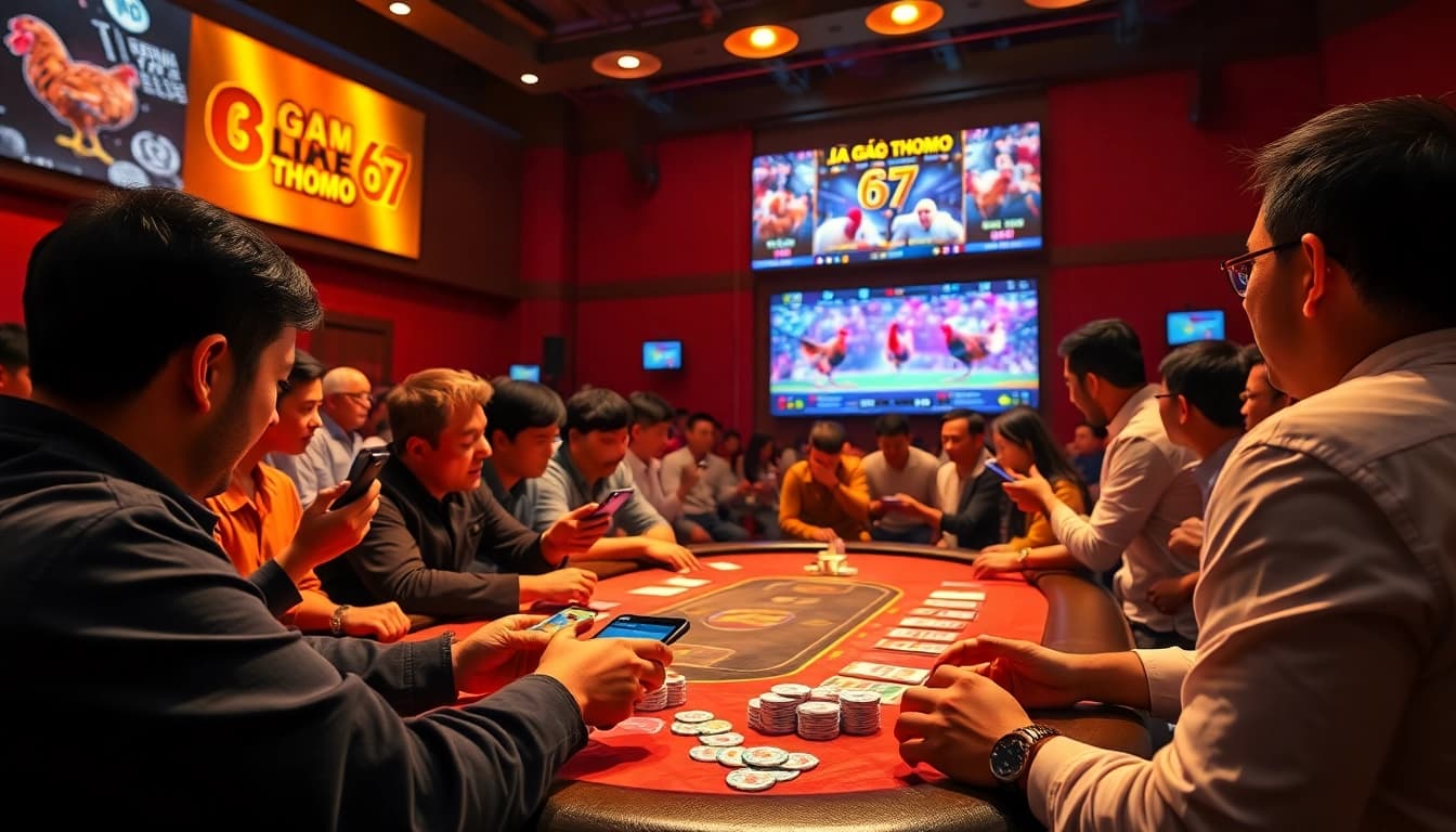 A vibrant live betting scene for đá gà thomo 67 showcasing excitement and luxury.