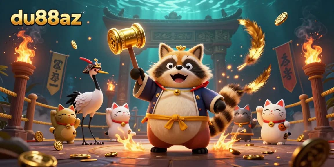 Win big with du88az casino illustration featuring a cheerful tanuki, vibrant elements, and exciting visuals.