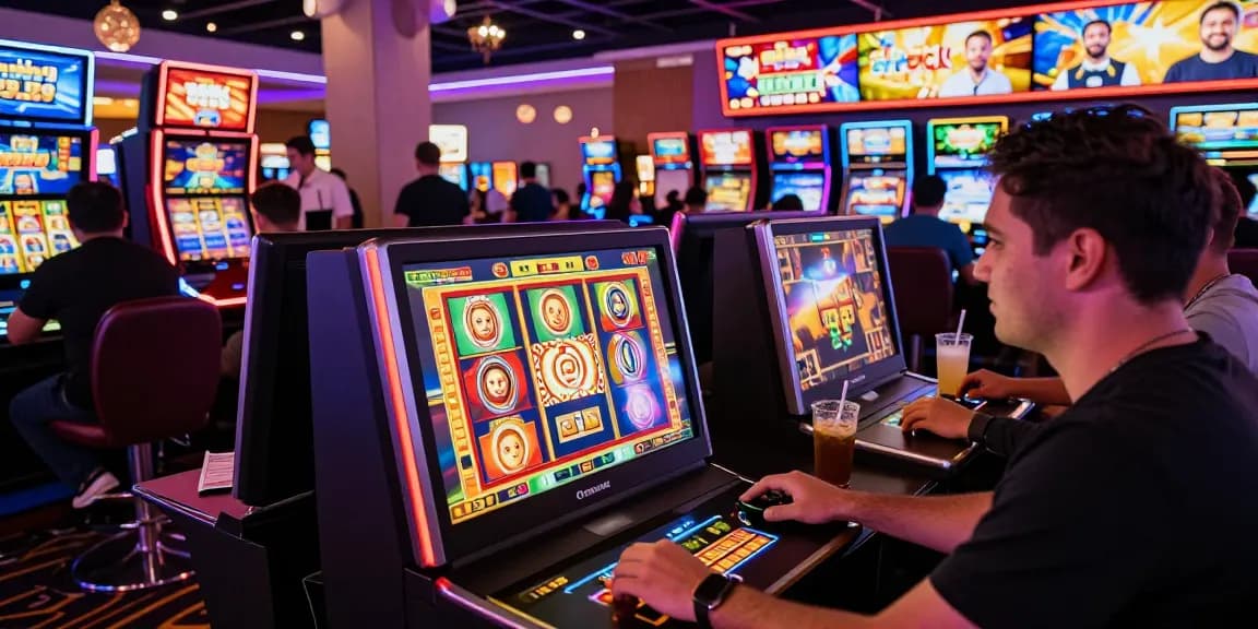 Engaged player enjoying situs slot at a vibrant online casino with colorful machines and lively atmosphere.