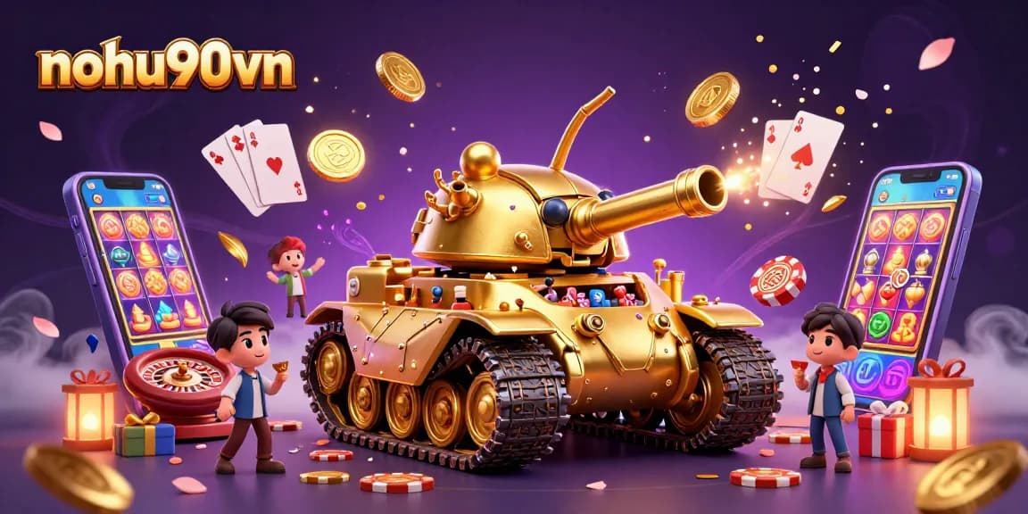 Experience the excitement with nohu90vn in this vibrant 3D casino scene featuring a golden beetle tank and dynamic game elements.