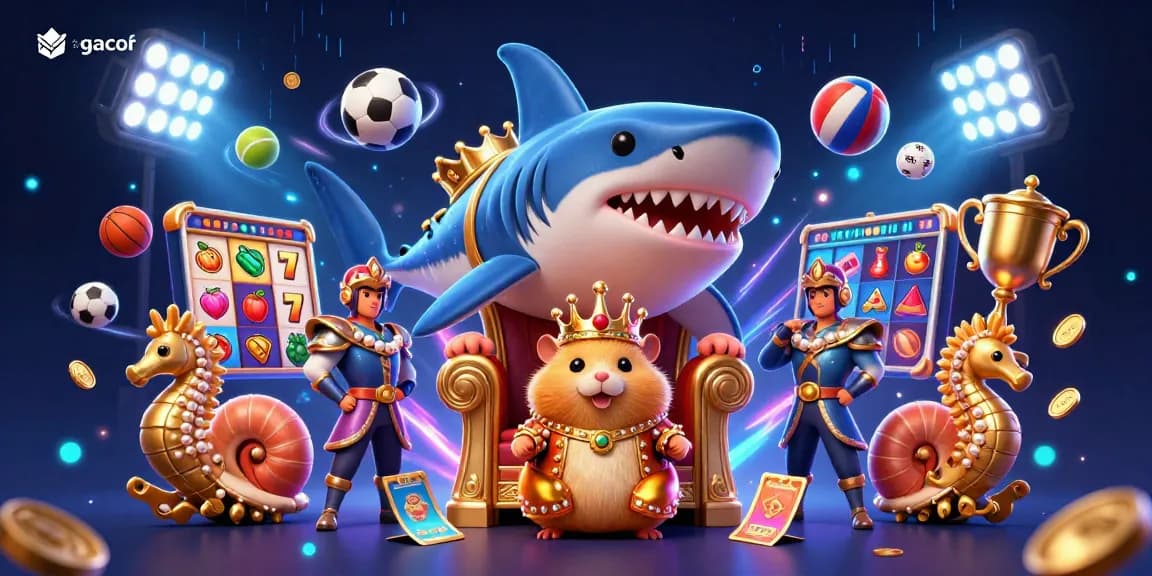 Gambarkan slot gacor dengan raja hamster emas di atas mahkota terumbu karang di antara elemen permainan slot.