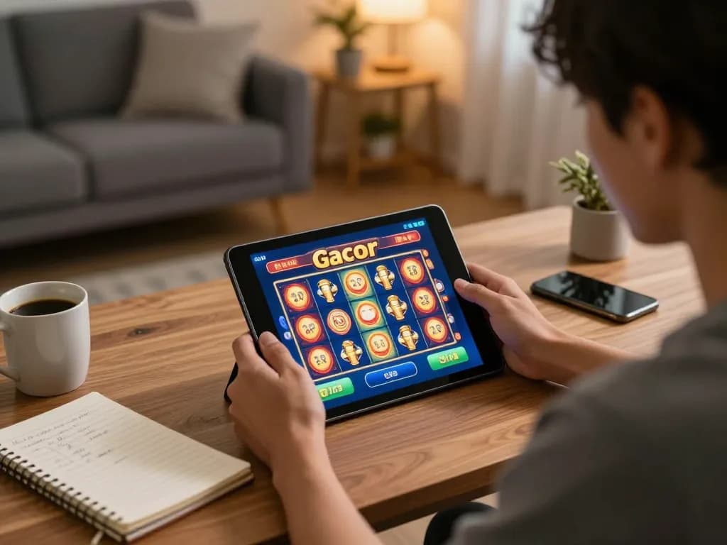 Engaged player enjoying slot gacor games on tablet while strategizing at home.