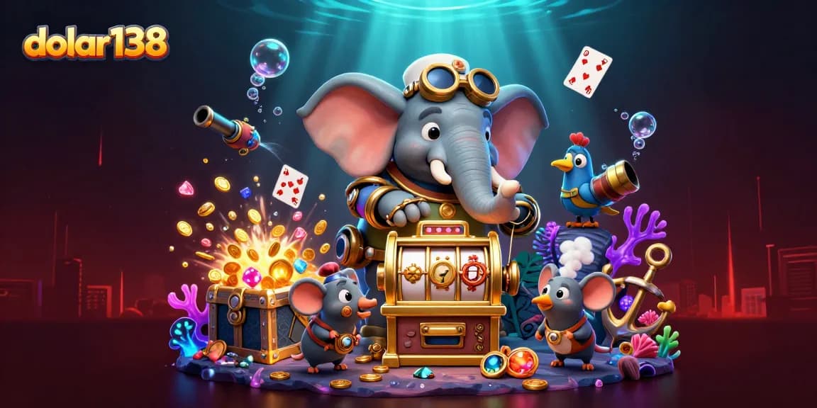 Spin to win with dolar138 at the vibrant casino featuring a steampunk elephant engineer and slot machine.