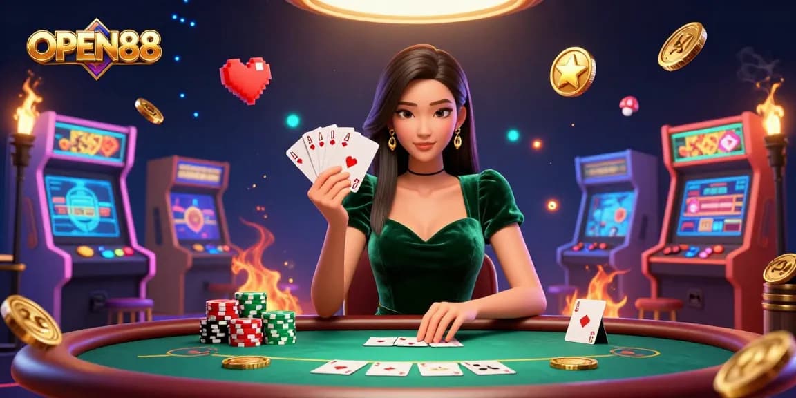 Engage with OPEN88 at a luxury poker table, surrounded by colorful gaming elements and vibrant visuals.