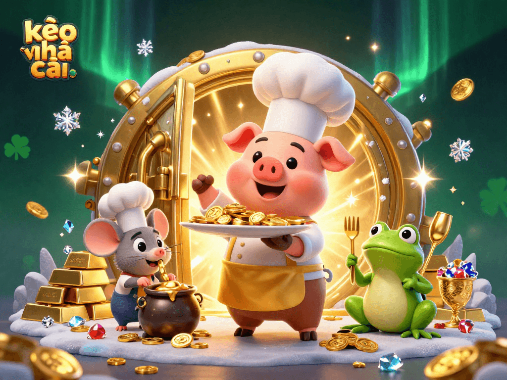Experience kèo nhà cái excitement with a 3D chef pig serving gold coins in a vibrant casino scene.